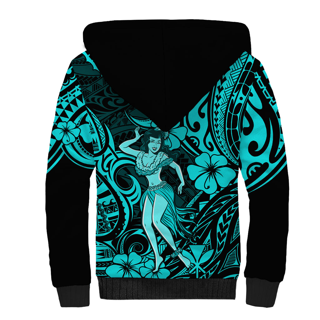 Hawaii Hula Girl Sherpa Hoodie Hibiscus Hawaii Tribal Tattoo Turquoise Version - Wonder Print Shop