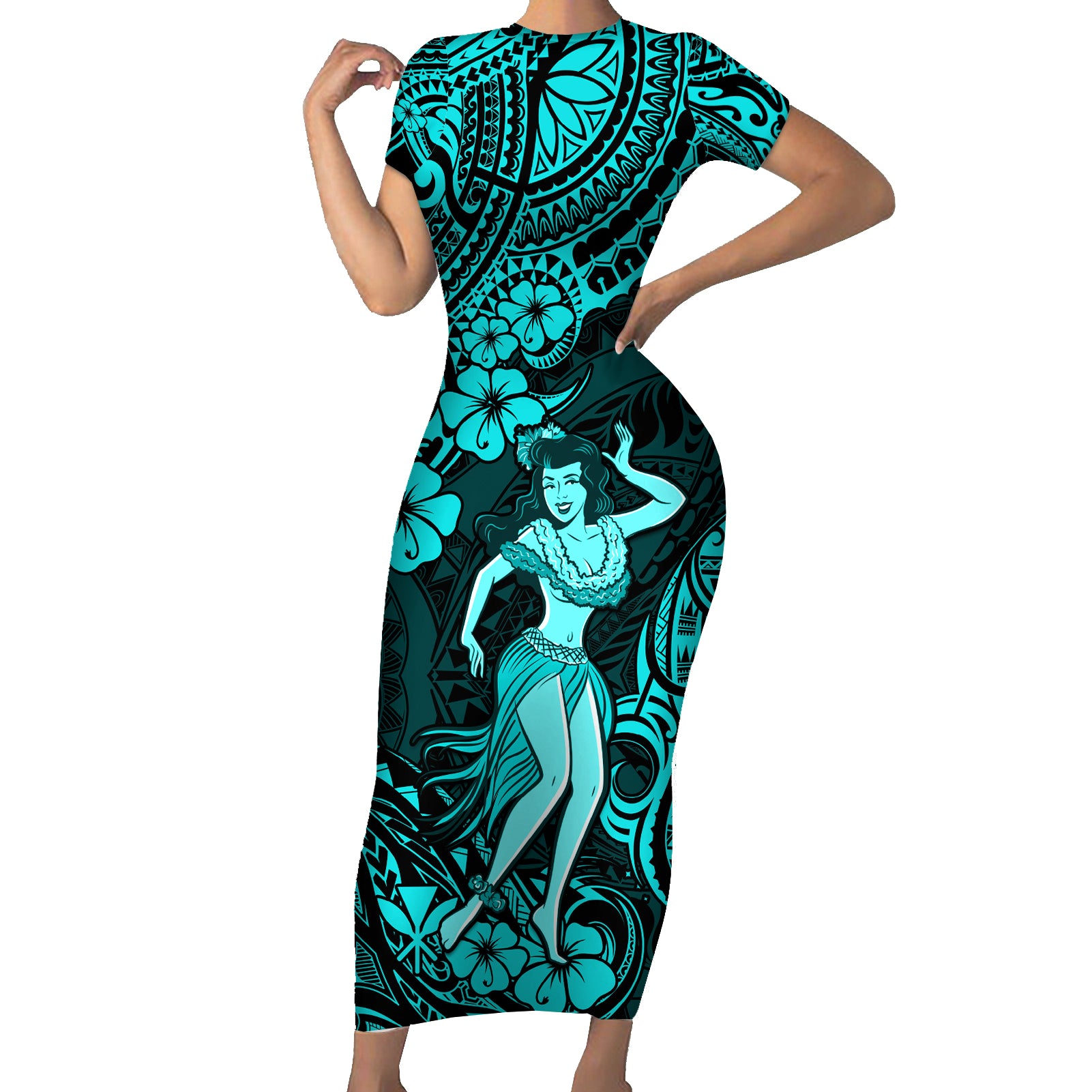 Hawaii Hula Girl Short Sleeve Bodycon Dress Hibiscus Hawaii Tribal Tattoo Turquoise Version - Wonder Print Shop