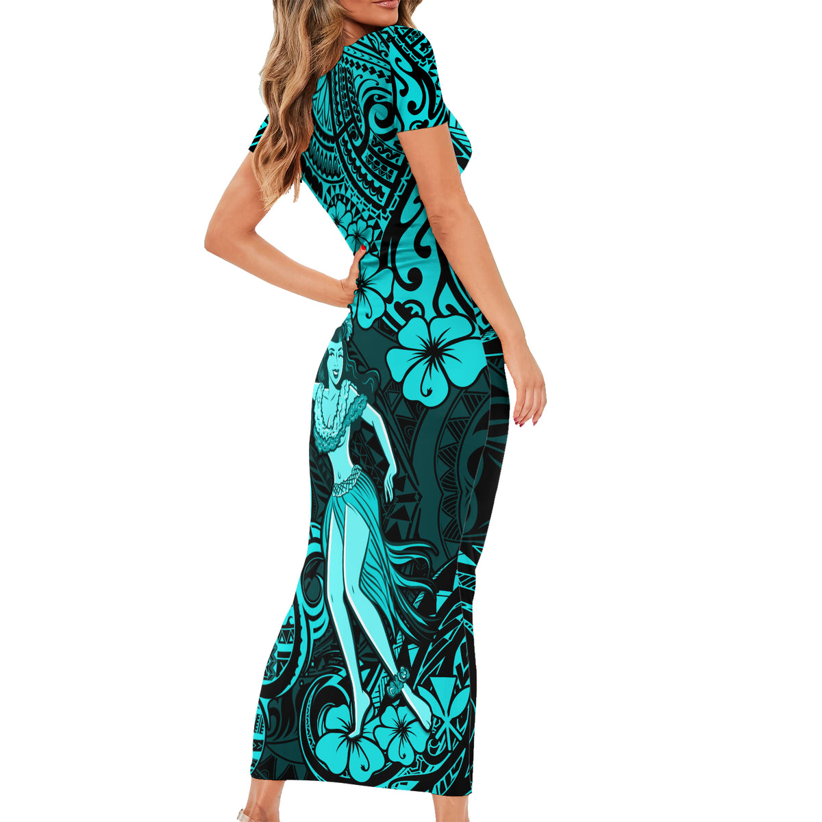 Hawaii Hula Girl Short Sleeve Bodycon Dress Hibiscus Hawaii Tribal Tattoo Turquoise Version - Wonder Print Shop