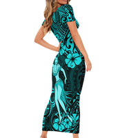 Hawaii Hula Girl Short Sleeve Bodycon Dress Hibiscus Hawaii Tribal Tattoo Turquoise Version - Wonder Print Shop