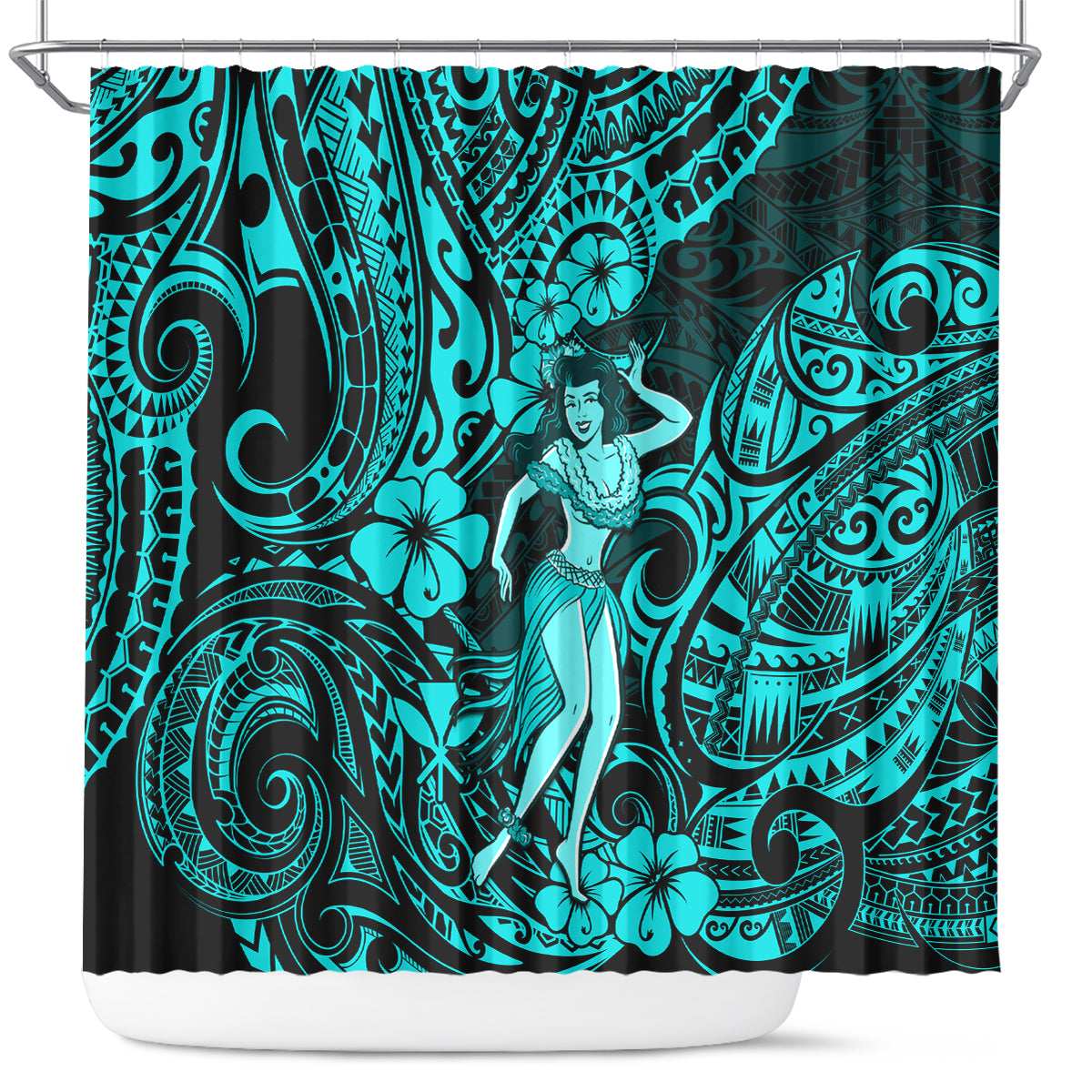 hawaii-hula-girl-shower-curtain-hibiscus-hawaii-tribal-tattoo-turquoise-version