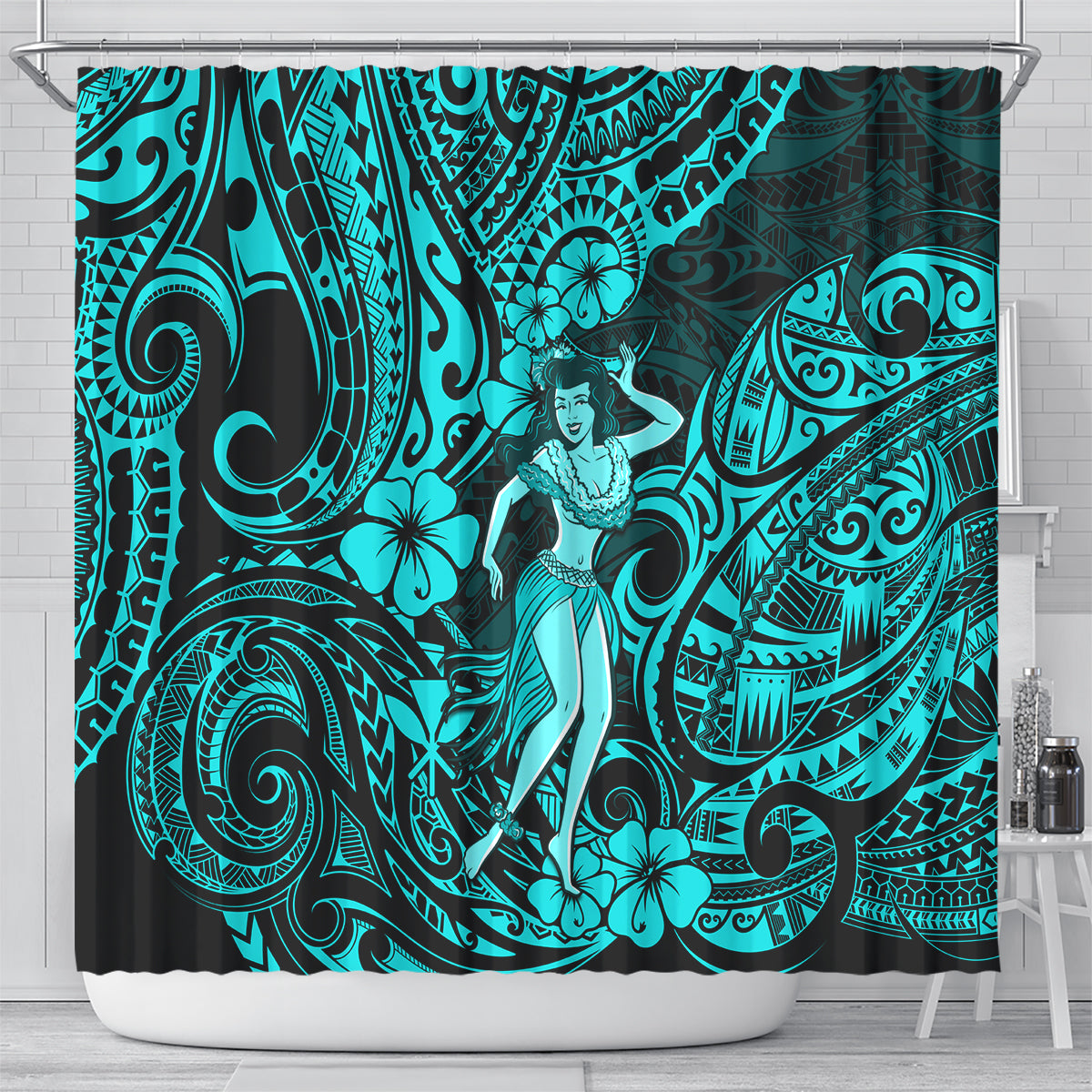 hawaii-hula-girl-shower-curtain-hibiscus-hawaii-tribal-tattoo-turquoise-version
