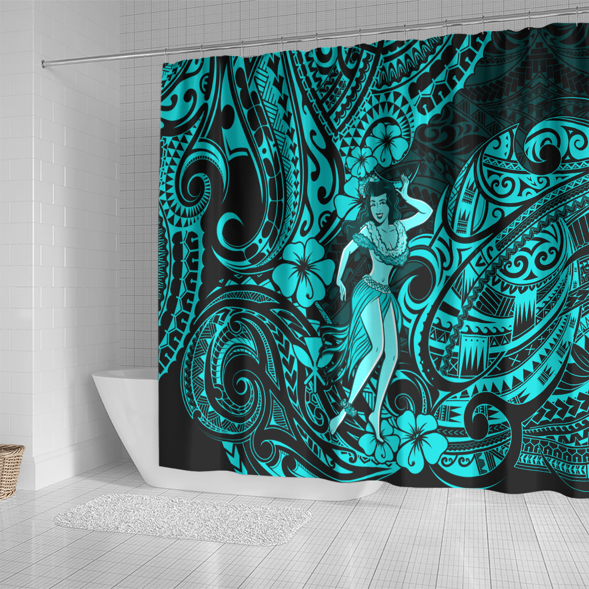 hawaii-hula-girl-shower-curtain-hibiscus-hawaii-tribal-tattoo-turquoise-version