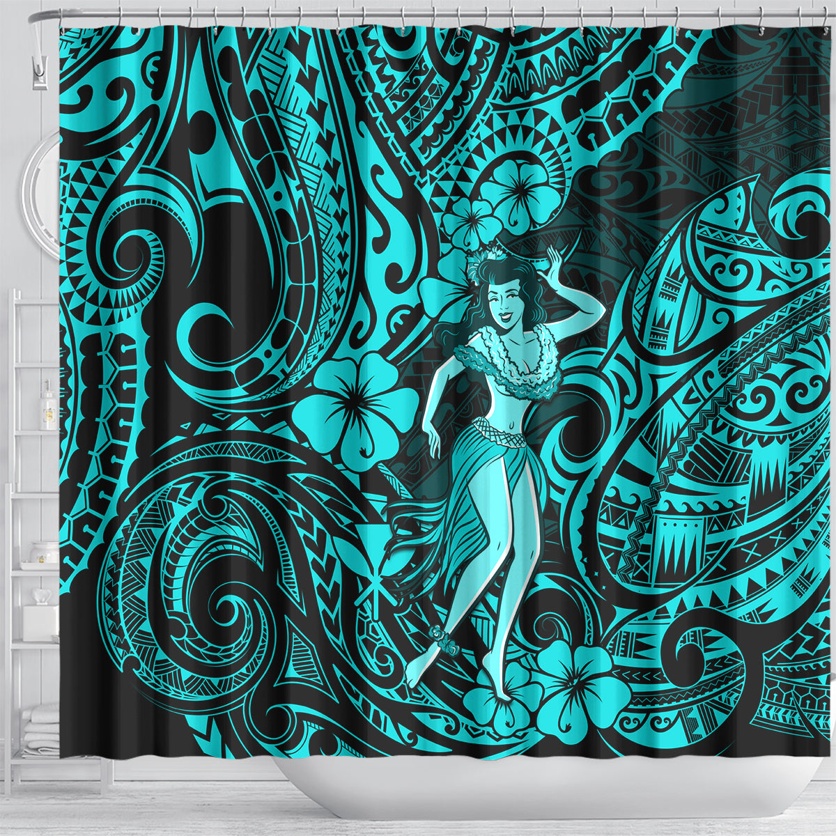 hawaii-hula-girl-shower-curtain-hibiscus-hawaii-tribal-tattoo-turquoise-version
