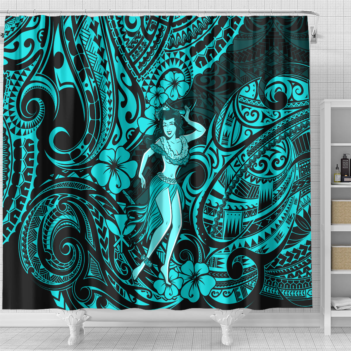 hawaii-hula-girl-shower-curtain-hibiscus-hawaii-tribal-tattoo-turquoise-version