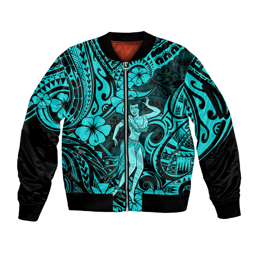 Hawaii Hula Girl Sleeve Zip Bomber Jacket Hibiscus Hawaii Tribal Tattoo Turquoise Version - Wonder Print Shop