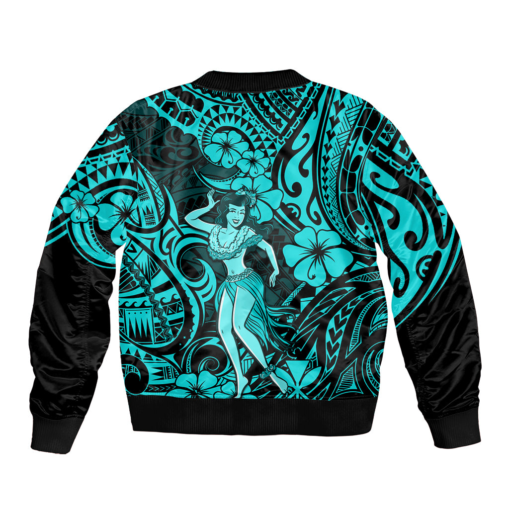 Hawaii Hula Girl Sleeve Zip Bomber Jacket Hibiscus Hawaii Tribal Tattoo Turquoise Version - Wonder Print Shop