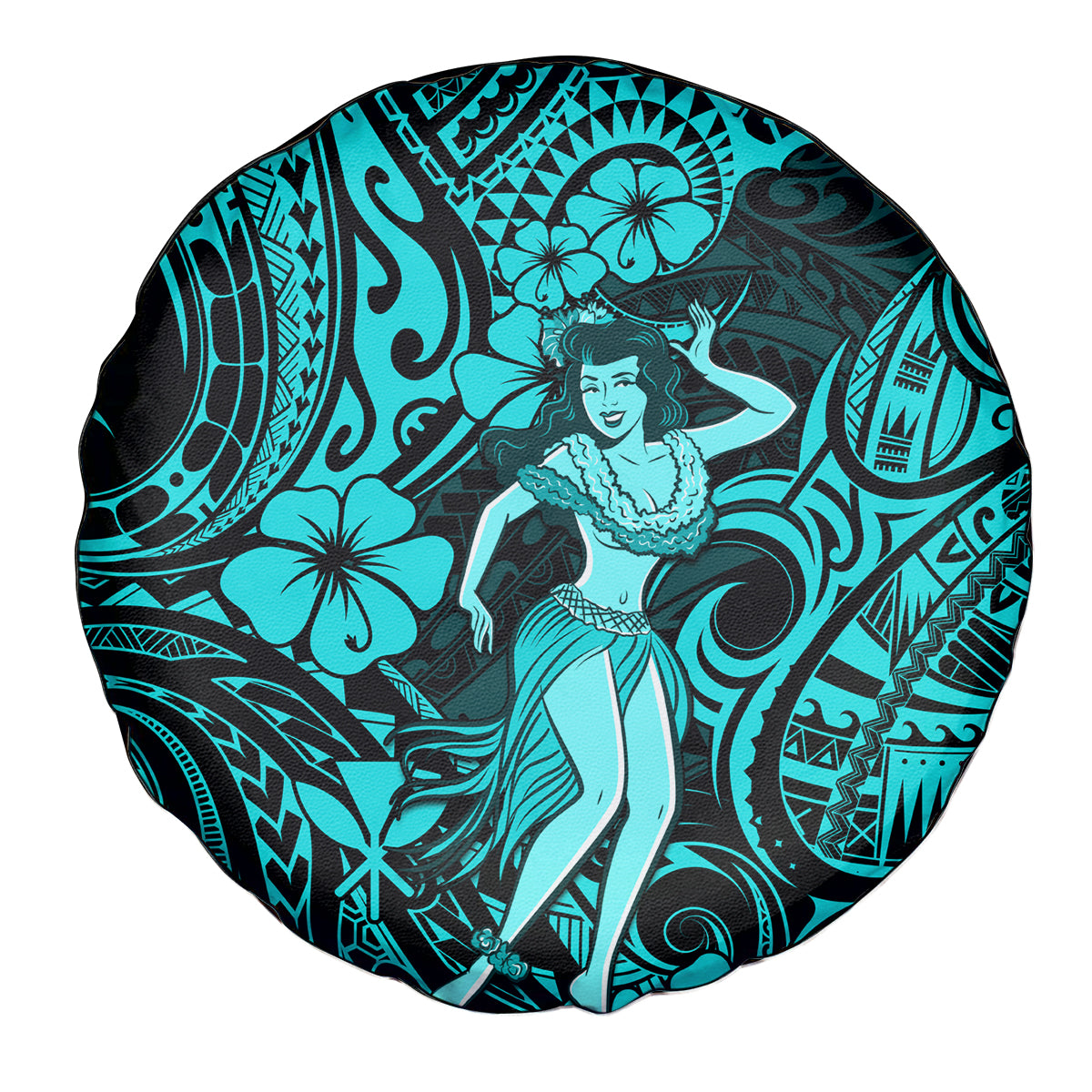 Hawaii Hula Girl Spare Tire Cover Hibiscus Hawaii Tribal Tattoo Turquoise Version - Wonder Print Shop