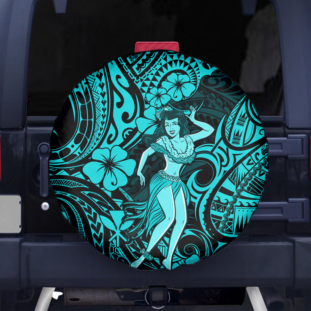 Hawaii Hula Girl Spare Tire Cover Hibiscus Hawaii Tribal Tattoo Turquoise Version - Wonder Print Shop