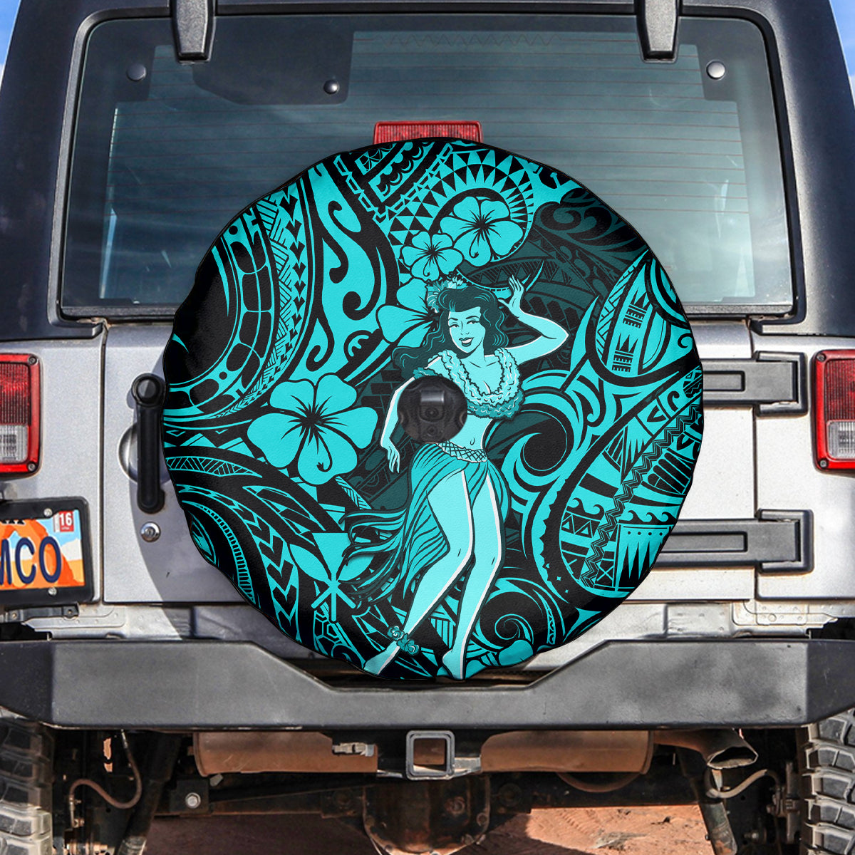 Hawaii Hula Girl Spare Tire Cover Hibiscus Hawaii Tribal Tattoo Turquoise Version - Wonder Print Shop