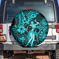 Hawaii Hula Girl Spare Tire Cover Hibiscus Hawaii Tribal Tattoo Turquoise Version - Wonder Print Shop