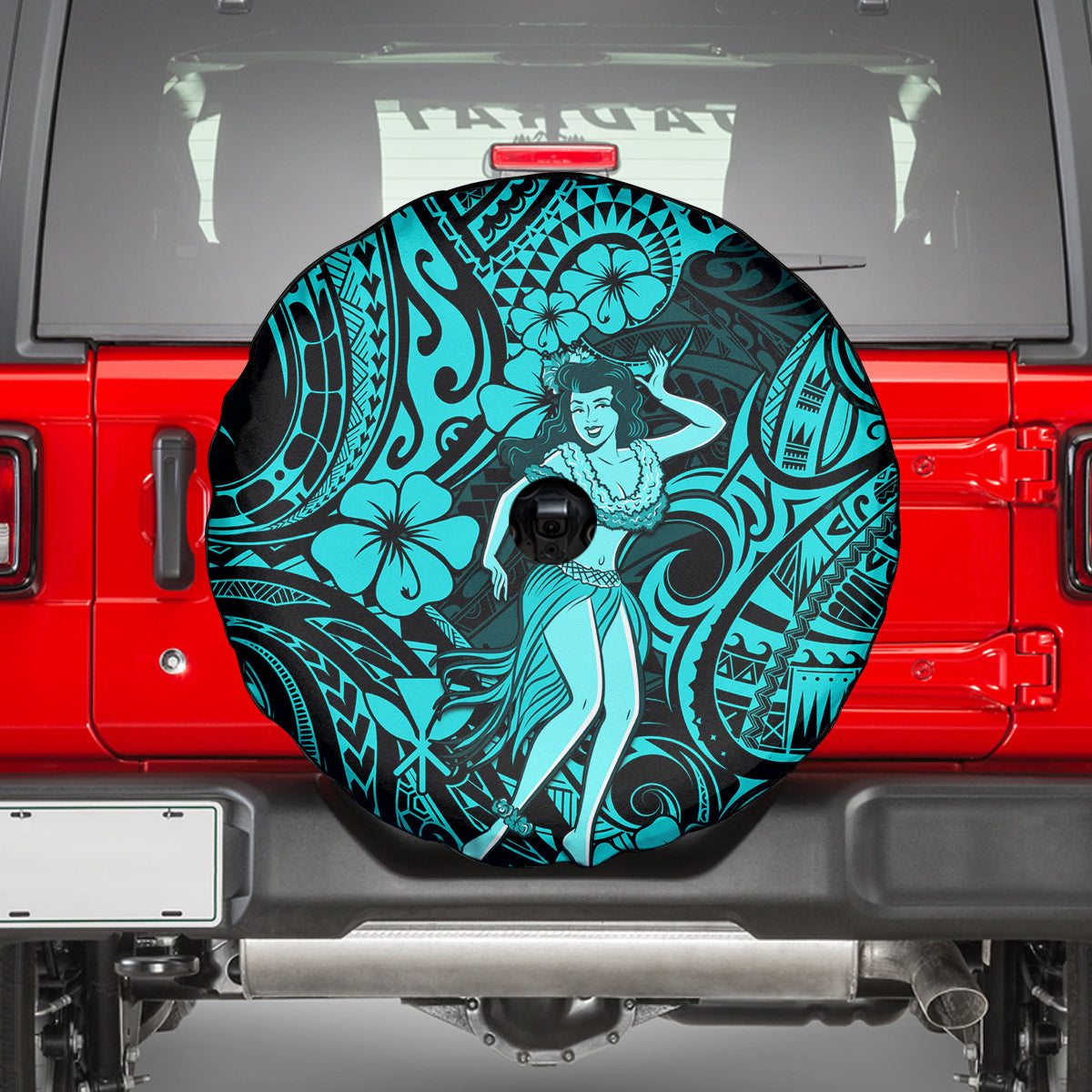 Hawaii Hula Girl Spare Tire Cover Hibiscus Hawaii Tribal Tattoo Turquoise Version - Wonder Print Shop
