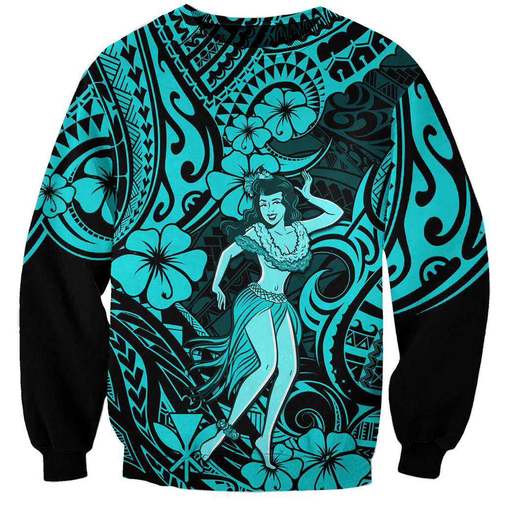 Hawaii Hula Girl Sweatshirt Hibiscus Hawaii Tribal Tattoo Turquoise Version - Wonder Print Shop