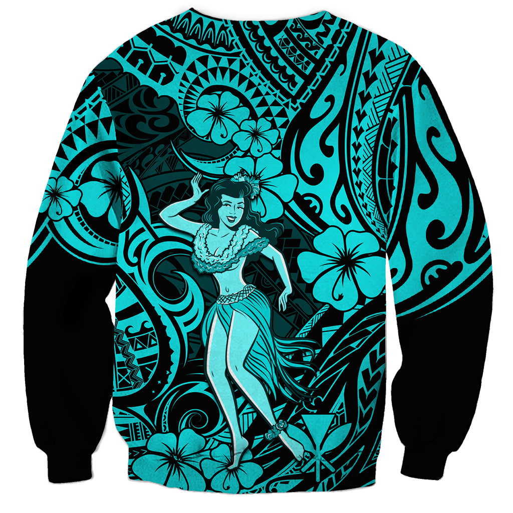 Hawaii Hula Girl Sweatshirt Hibiscus Hawaii Tribal Tattoo Turquoise Version - Wonder Print Shop