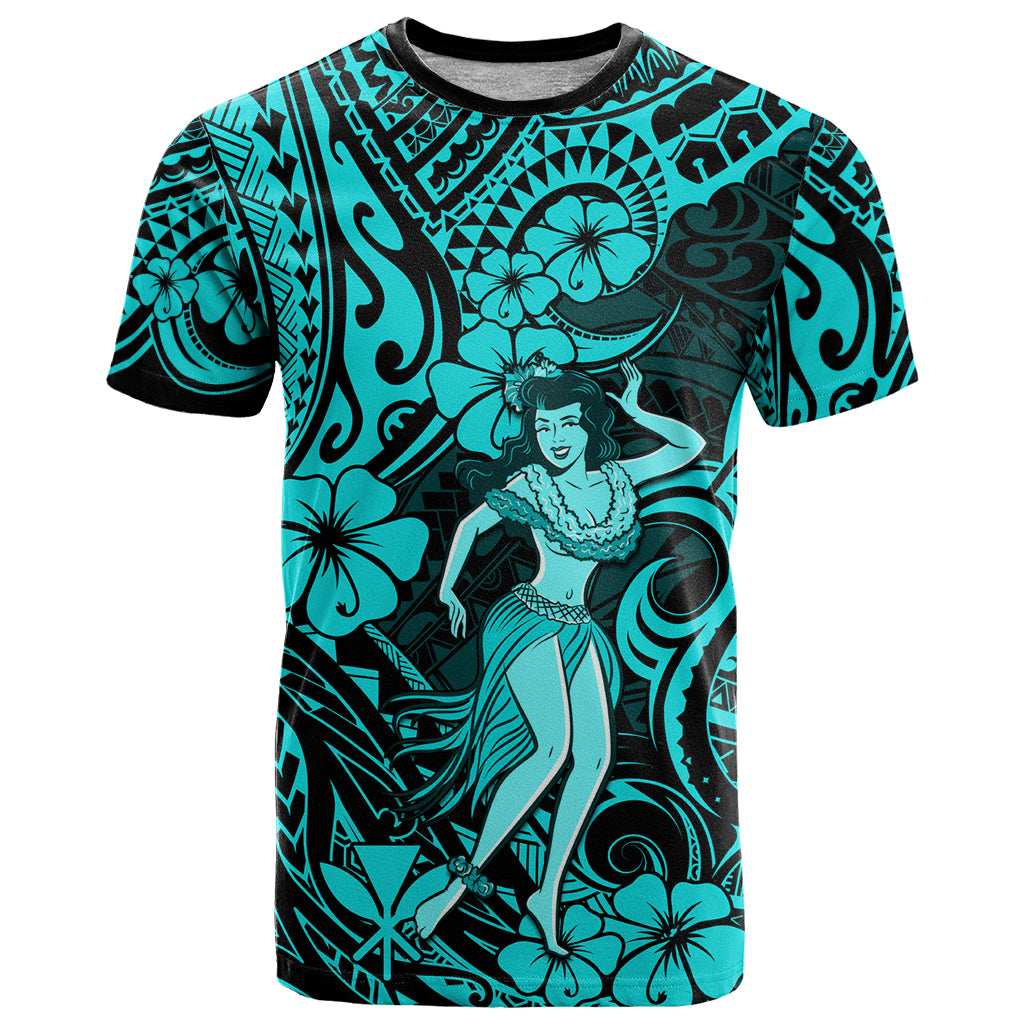 Hawaii Hula Girl T Shirt Hibiscus Hawaii Tribal Tattoo Turquoise Version - Wonder Print Shop