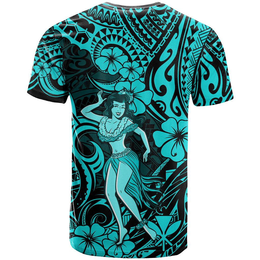 Hawaii Hula Girl T Shirt Hibiscus Hawaii Tribal Tattoo Turquoise Version - Wonder Print Shop