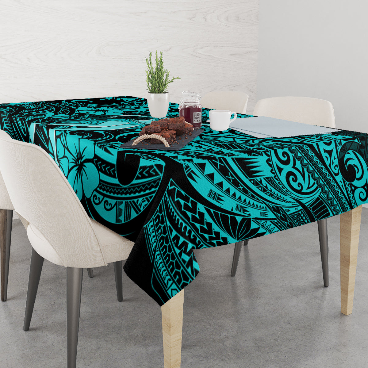 Hawaii Hula Girl Tablecloth Hibiscus Hawaii Tribal Tattoo Turquoise Version - Wonder Print Shop