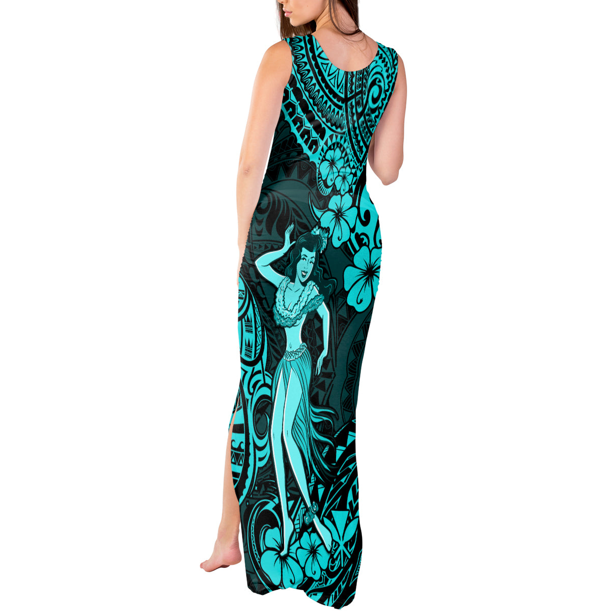 Hawaii Hula Girl Tank Maxi Dress Hibiscus Hawaii Tribal Tattoo Turquoise Version - Wonder Print Shop