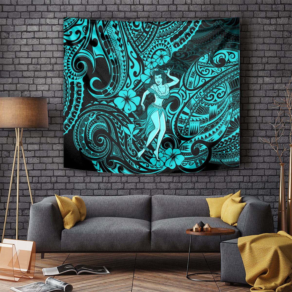 Hawaii Hula Girl Tapestry Hibiscus Hawaii Tribal Tattoo Turquoise Version - Wonder Print Shop