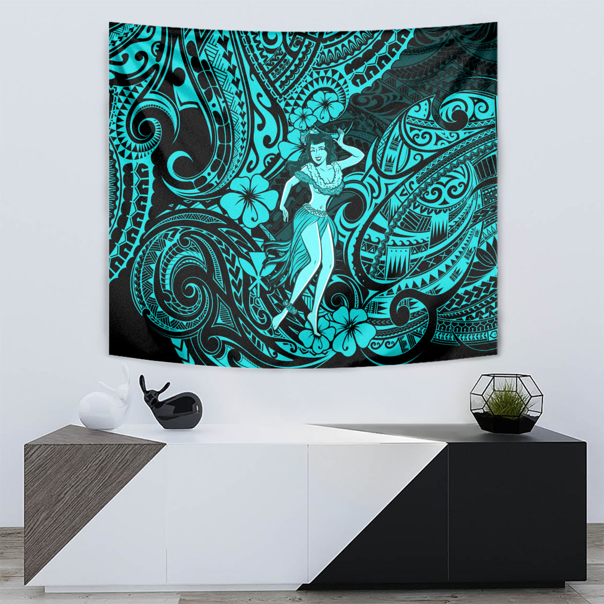 Hawaii Hula Girl Tapestry Hibiscus Hawaii Tribal Tattoo Turquoise Version - Wonder Print Shop