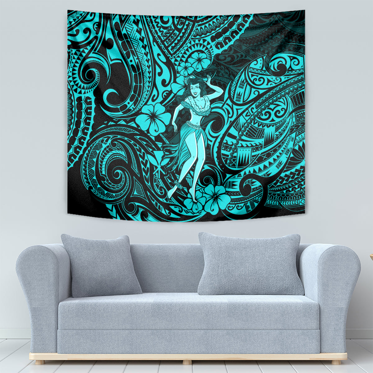 Hawaii Hula Girl Tapestry Hibiscus Hawaii Tribal Tattoo Turquoise Version - Wonder Print Shop