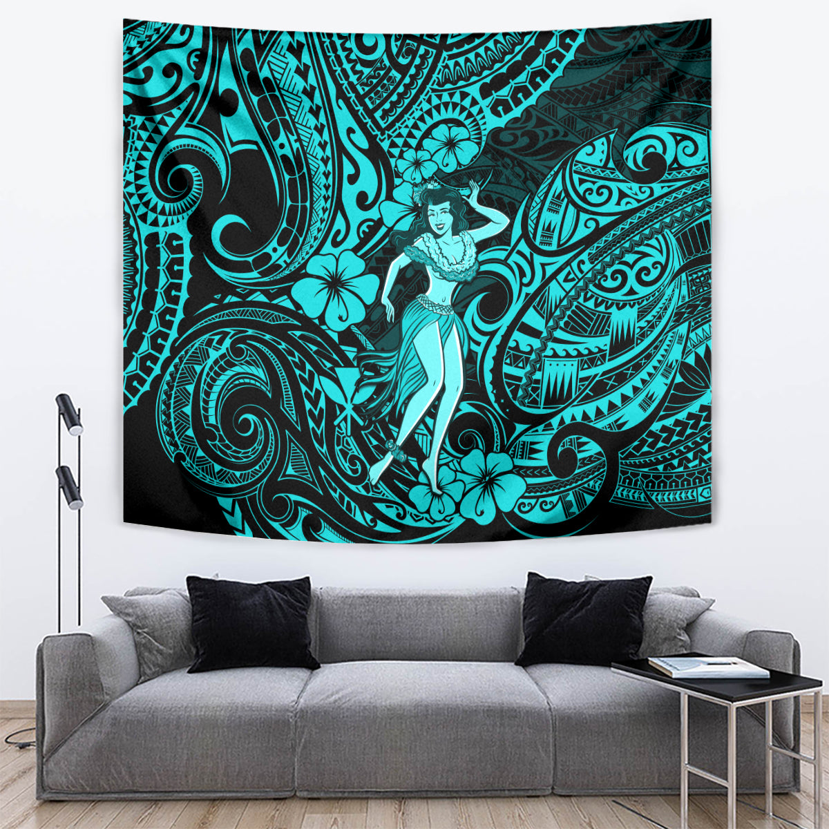 Hawaii Hula Girl Tapestry Hibiscus Hawaii Tribal Tattoo Turquoise Version - Wonder Print Shop