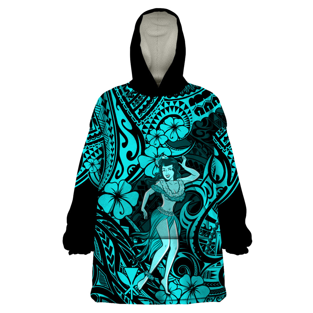 Hawaii Hula Girl Wearable Blanket Hoodie Hibiscus Hawaii Tribal Tattoo Turquoise Version - Wonder Print Shop