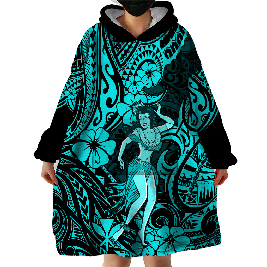 Hawaii Hula Girl Wearable Blanket Hoodie Hibiscus Hawaii Tribal Tattoo Turquoise Version - Wonder Print Shop