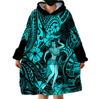 Hawaii Hula Girl Wearable Blanket Hoodie Hibiscus Hawaii Tribal Tattoo Turquoise Version - Wonder Print Shop