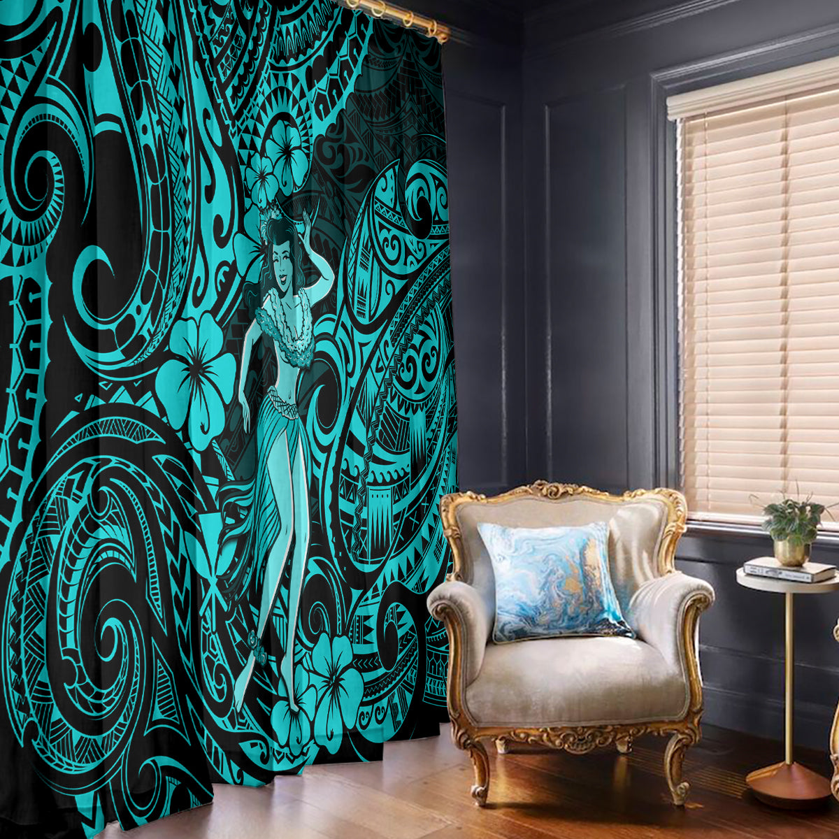 Hawaii Hula Girl Window Curtain Hibiscus Hawaii Tribal Tattoo Turquoise Version - Wonder Print Shop