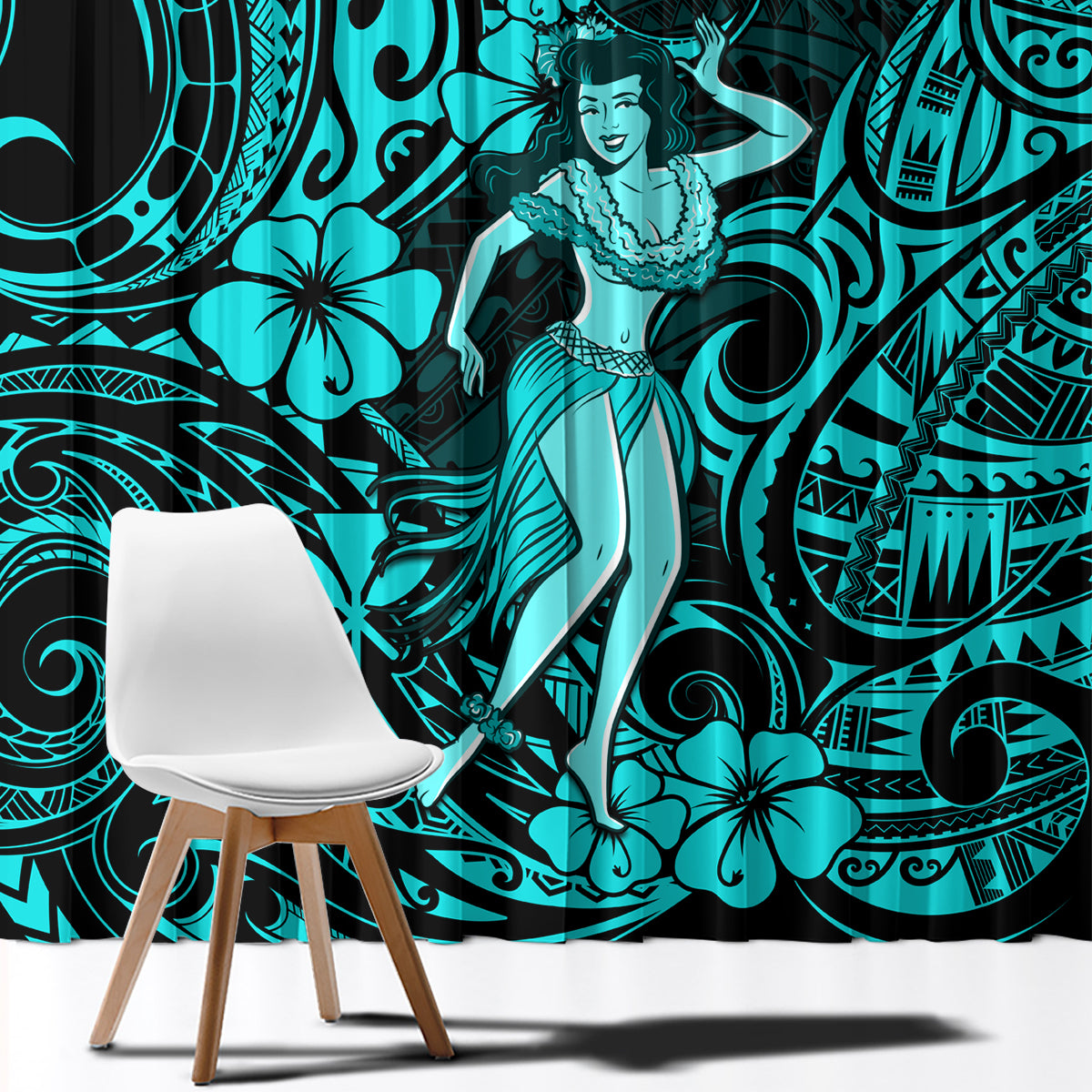 Hawaii Hula Girl Window Curtain Hibiscus Hawaii Tribal Tattoo Turquoise Version - Wonder Print Shop