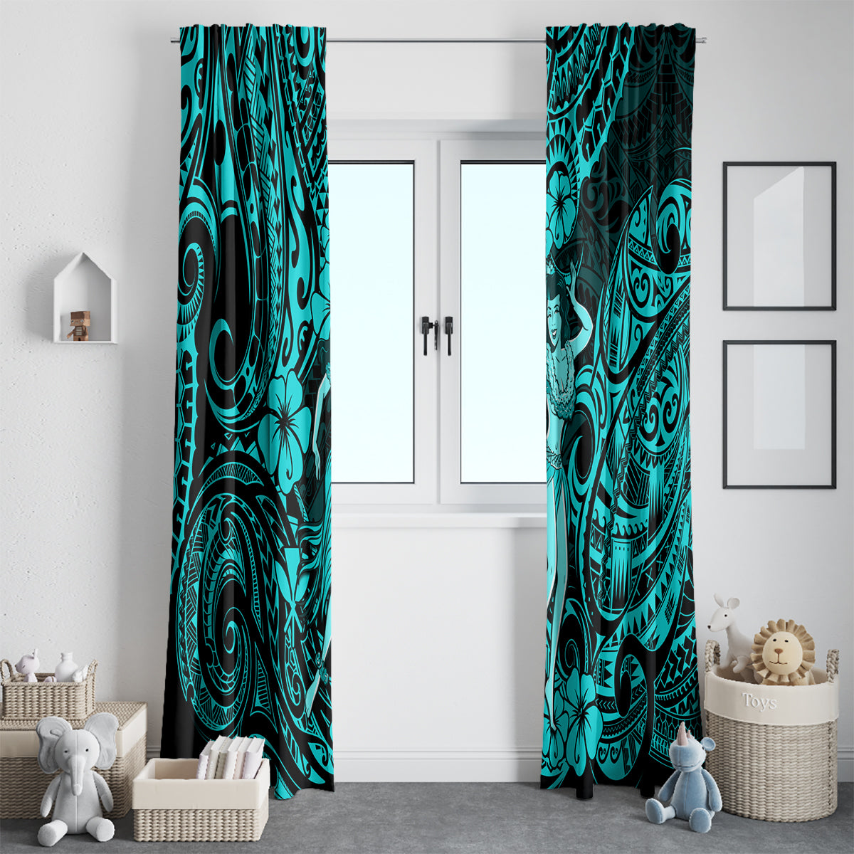 Hawaii Hula Girl Window Curtain Hibiscus Hawaii Tribal Tattoo Turquoise Version - Wonder Print Shop