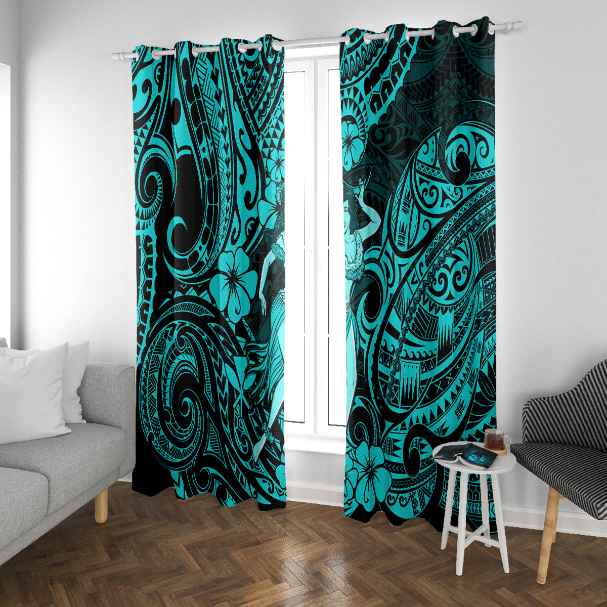 Hawaii Hula Girl Window Curtain Hibiscus Hawaii Tribal Tattoo Turquoise Version - Wonder Print Shop