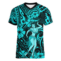 Hawaii Hula Girl Women V Neck T Shirt Hibiscus Hawaii Tribal Tattoo Turquoise Version - Wonder Print Shop