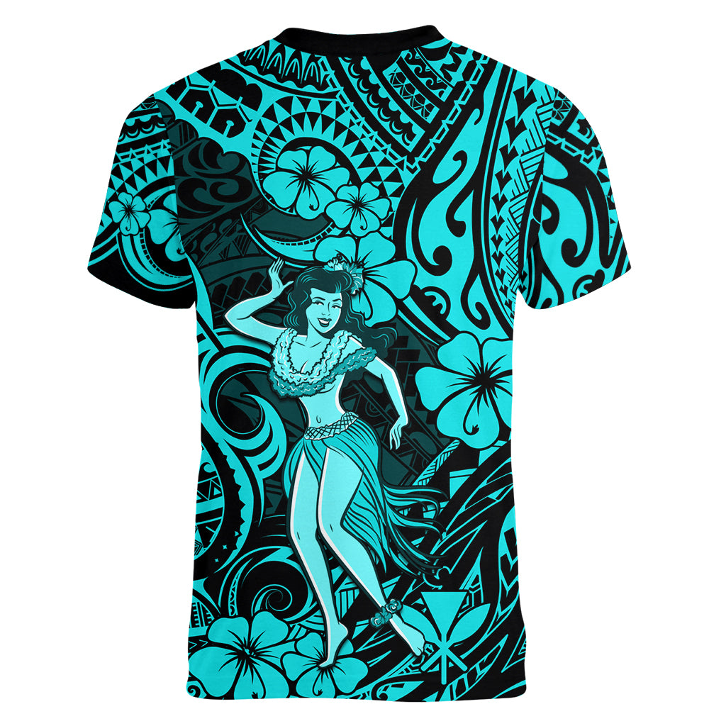 Hawaii Hula Girl Women V Neck T Shirt Hibiscus Hawaii Tribal Tattoo Turquoise Version - Wonder Print Shop