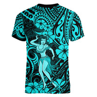 Hawaii Hula Girl Women V Neck T Shirt Hibiscus Hawaii Tribal Tattoo Turquoise Version - Wonder Print Shop