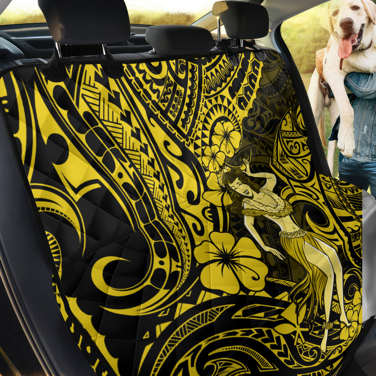 Hawaii Hula Girl Back Car Seat Cover Hibiscus Hawaii Tribal Tattoo Yellow Version - Wonder Print Shop