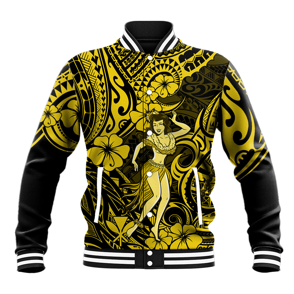 Hawaii Hula Girl Baseball Jacket Hibiscus Hawaii Tribal Tattoo Yellow Version - Wonder Print Shop