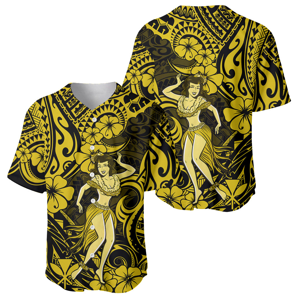 Hawaii Hula Girl Baseball Jersey Hibiscus Hawaii Tribal Tattoo Yellow Version - Wonder Print Shop