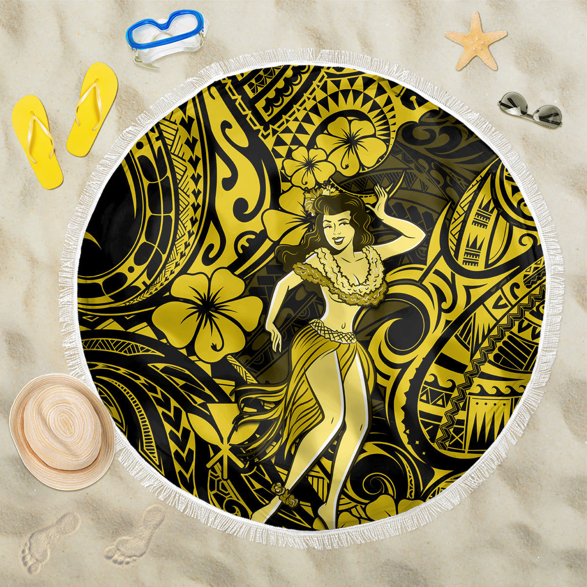 Hawaii Hula Girl Beach Blanket Hibiscus Hawaii Tribal Tattoo Yellow Version - Wonder Print Shop