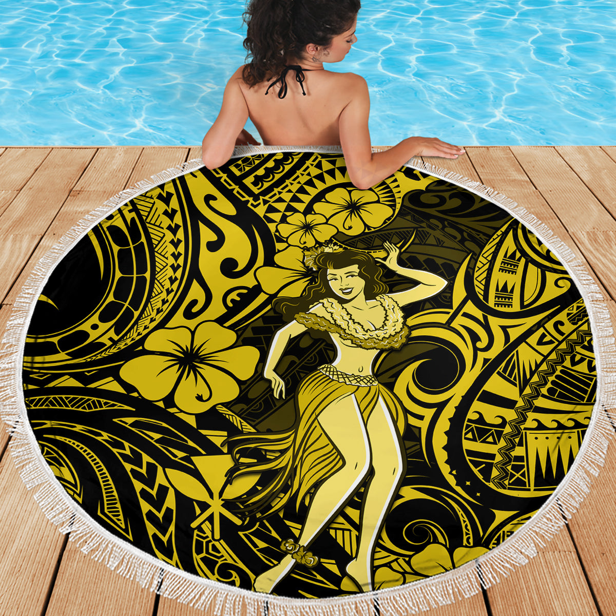 Hawaii Hula Girl Beach Blanket Hibiscus Hawaii Tribal Tattoo Yellow Version - Wonder Print Shop