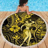 Hawaii Hula Girl Beach Blanket Hibiscus Hawaii Tribal Tattoo Yellow Version - Wonder Print Shop