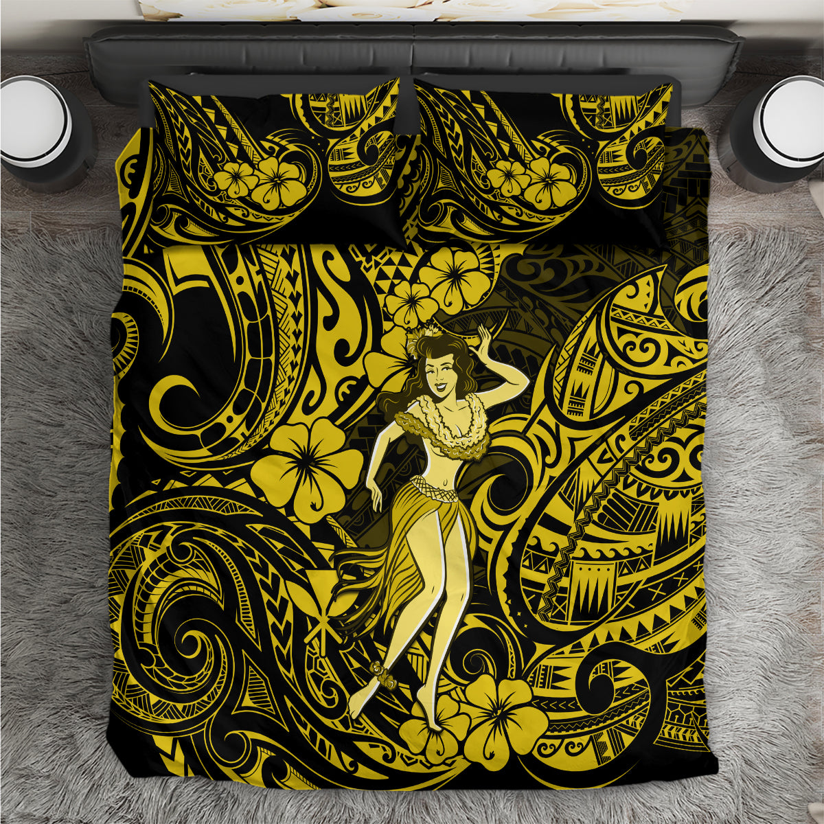 Hawaii Hula Girl Bedding Set Hibiscus Hawaii Tribal Tattoo Yellow Version - Wonder Print Shop