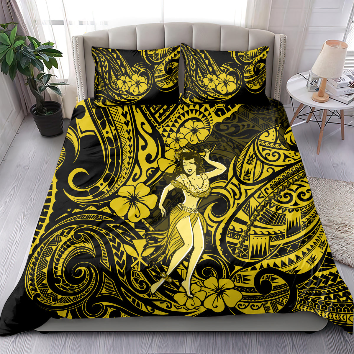 Hawaii Hula Girl Bedding Set Hibiscus Hawaii Tribal Tattoo Yellow Version - Wonder Print Shop