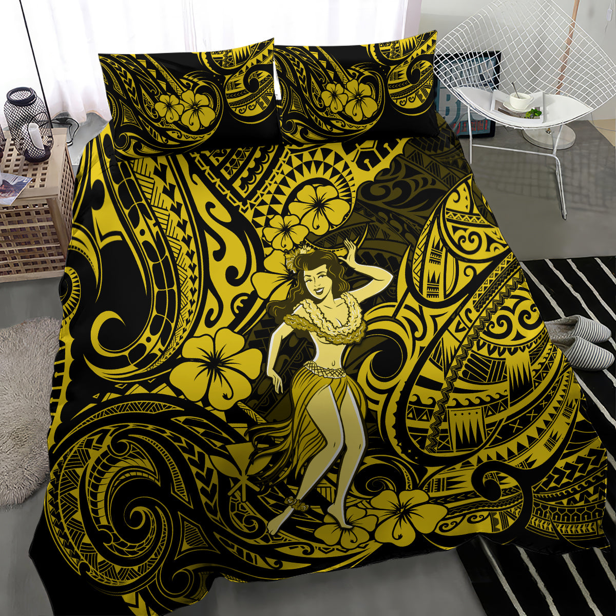 Hawaii Hula Girl Bedding Set Hibiscus Hawaii Tribal Tattoo Yellow Version - Wonder Print Shop