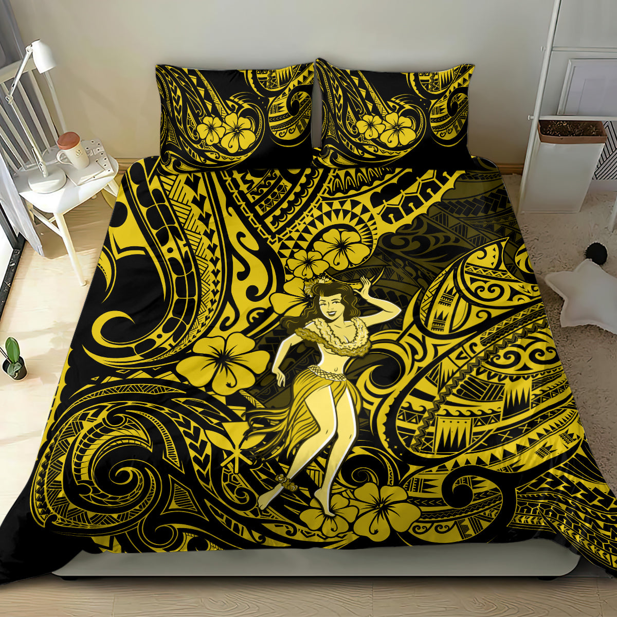 Hawaii Hula Girl Bedding Set Hibiscus Hawaii Tribal Tattoo Yellow Version - Wonder Print Shop