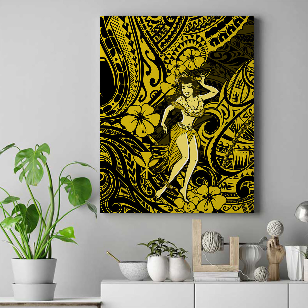 Hawaii Hula Girl Canvas Wall Art Hibiscus Hawaii Tribal Tattoo Yellow Version - Wonder Print Shop