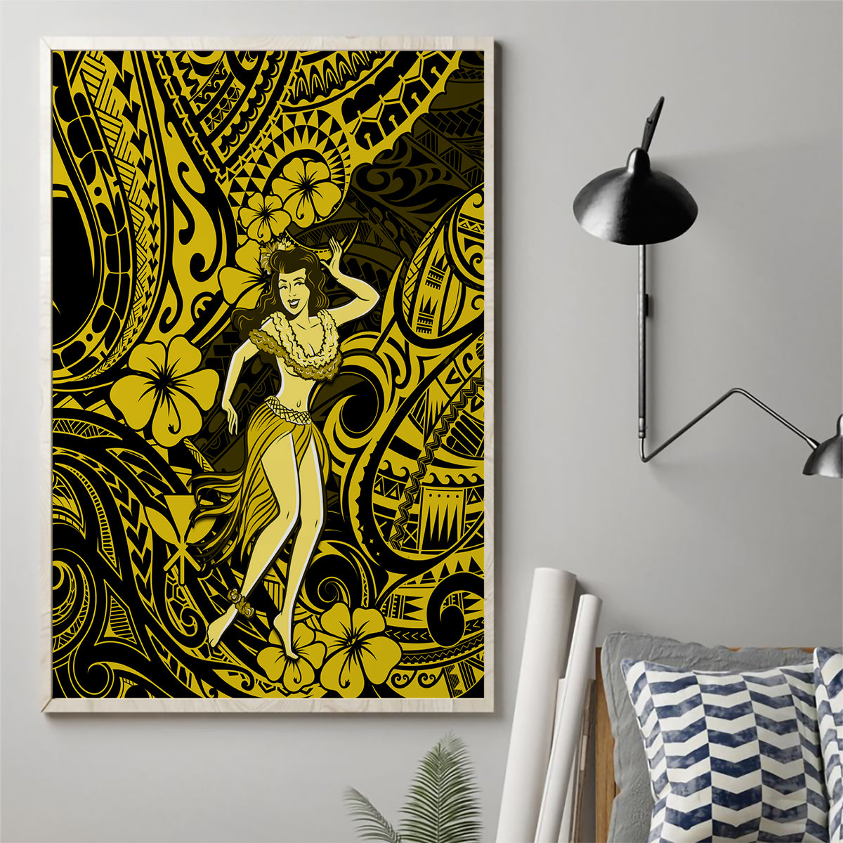 Hawaii Hula Girl Canvas Wall Art Hibiscus Hawaii Tribal Tattoo Yellow Version - Wonder Print Shop