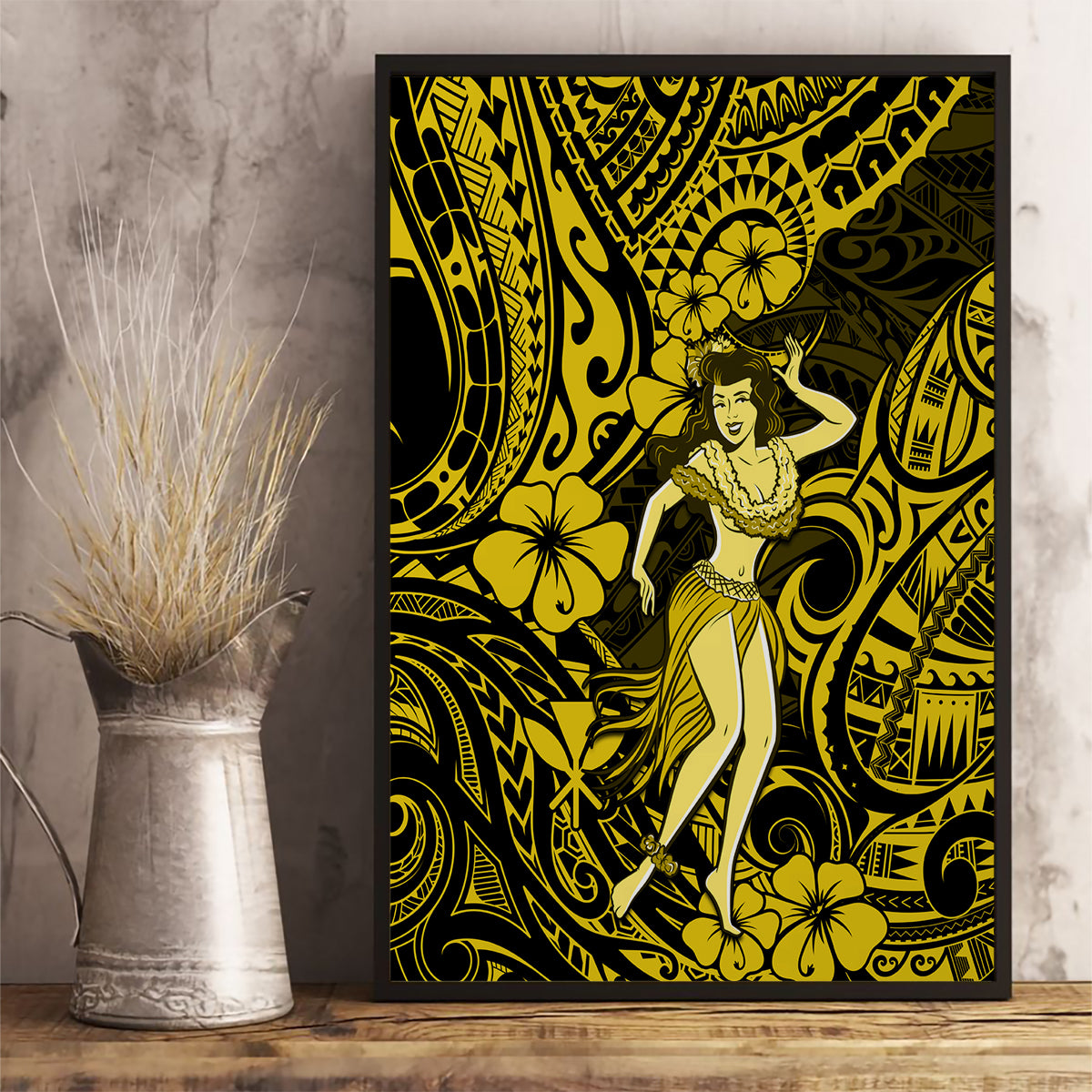 Hawaii Hula Girl Canvas Wall Art Hibiscus Hawaii Tribal Tattoo Yellow Version - Wonder Print Shop