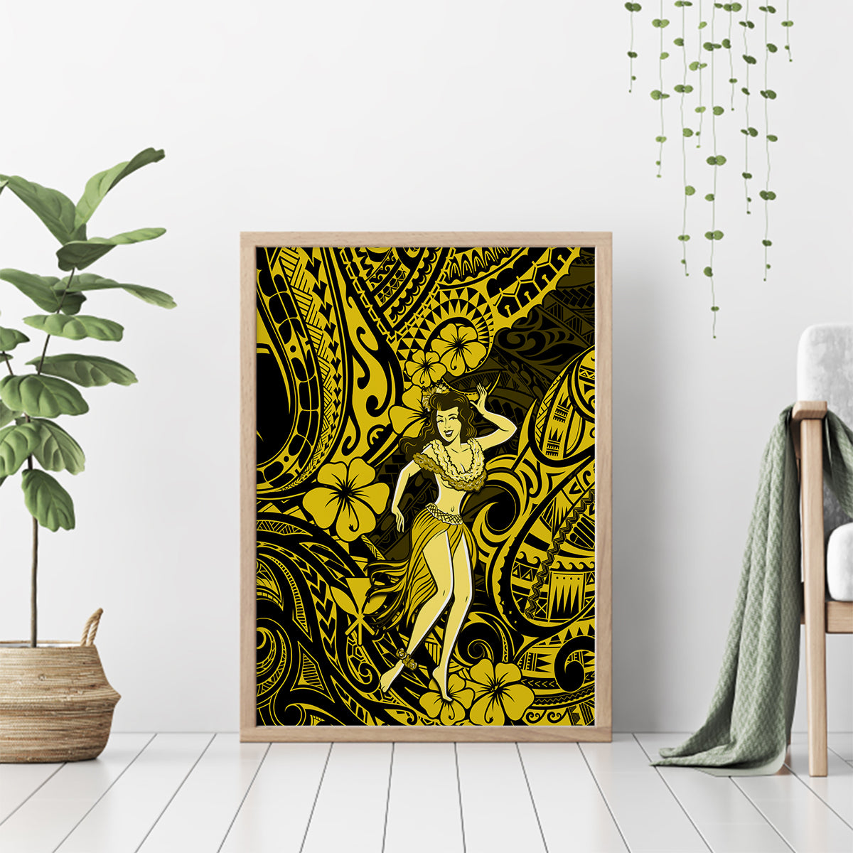Hawaii Hula Girl Canvas Wall Art Hibiscus Hawaii Tribal Tattoo Yellow Version - Wonder Print Shop